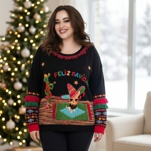 Holiday Time Christmas Sweater 3X Feliz Navidad with Chihuahua Multicolor EUC